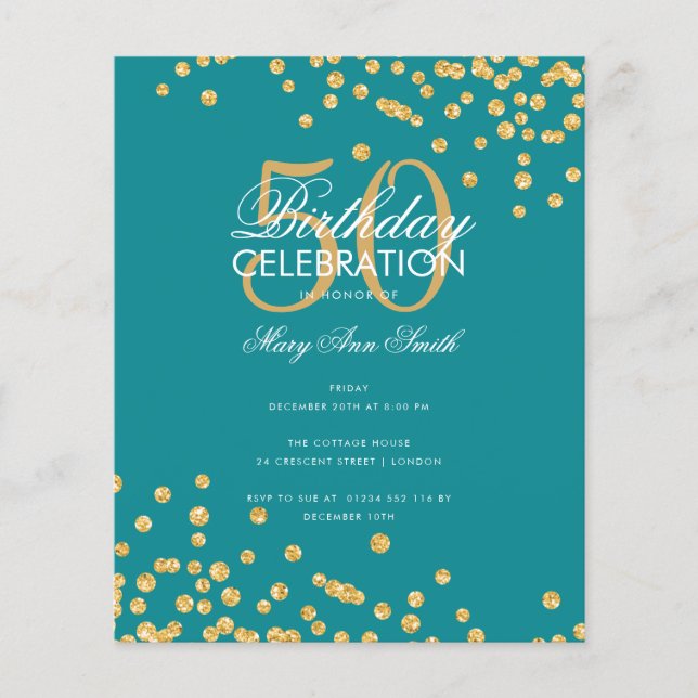 Budget Birthday Gold Glitter Confetti Teal  Flyer (Front)