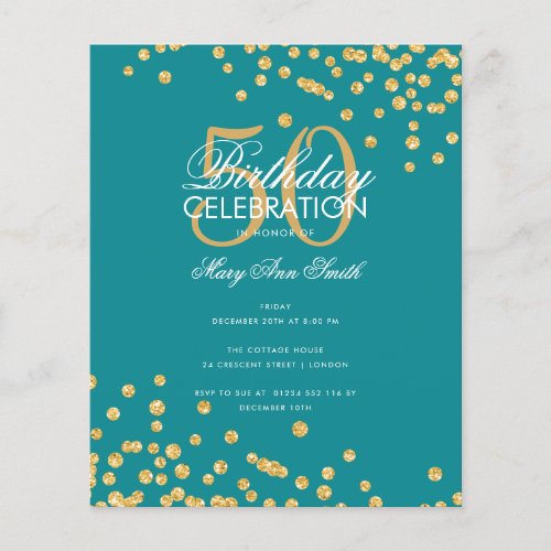 Budget Birthday Gold Glitter Confetti Teal  Flyer