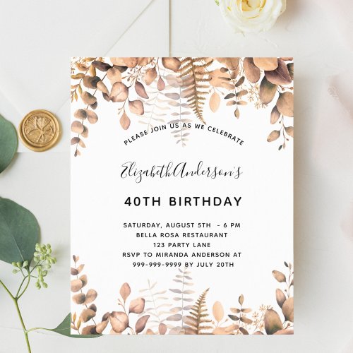 Budget birthday golden eucalyptus invitation