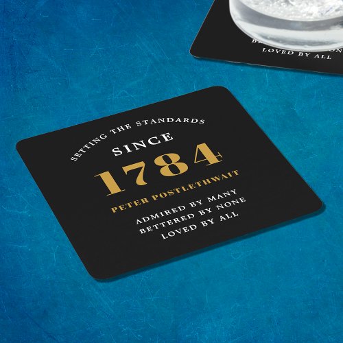 Budget Birthday Invitation Black Gold Any Year Square Paper Coaster