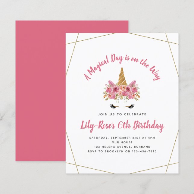 BUDGET Birthday Invitation | Floral Unicorn Gold (Front/Back)