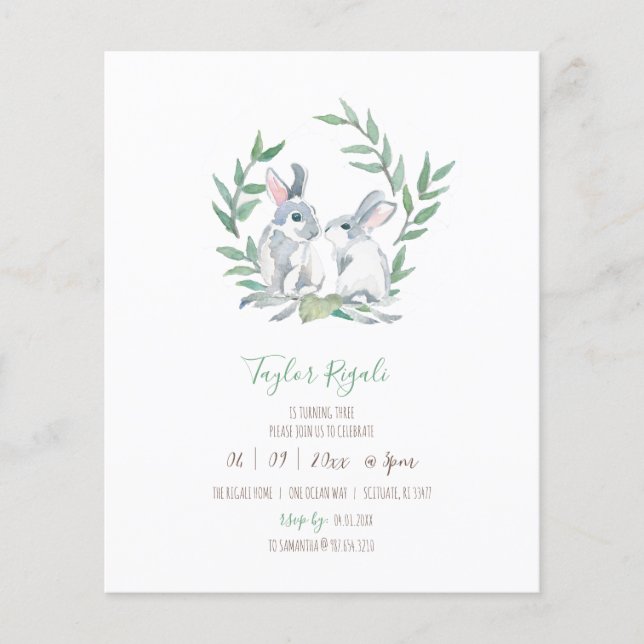 Budget Birthday Invitation Woodland Bunny Flyer (Front)