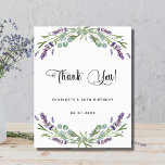Budget birthday lavender eucalyptus thank you card<br><div class="desc">A chic white background decorated with lavender flowers and eucalyptus greenery. On front large black colored hand lettered script and the text: Thank You,  your and a date. Back: Personalize and add Your thank you note and name.</div>