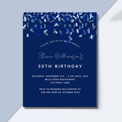 Budget birthday navy blue men guy invitation