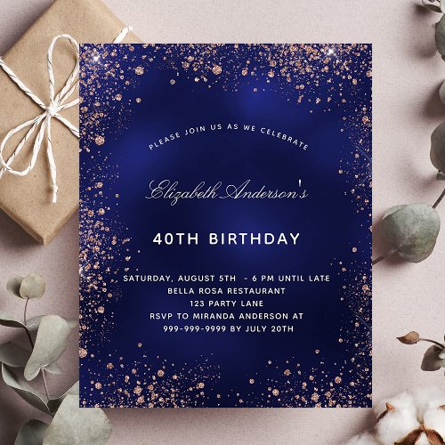 Budget birthday navy blue rose gold invitation