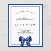 Budget birthday navy blue white bow invitation (Front)