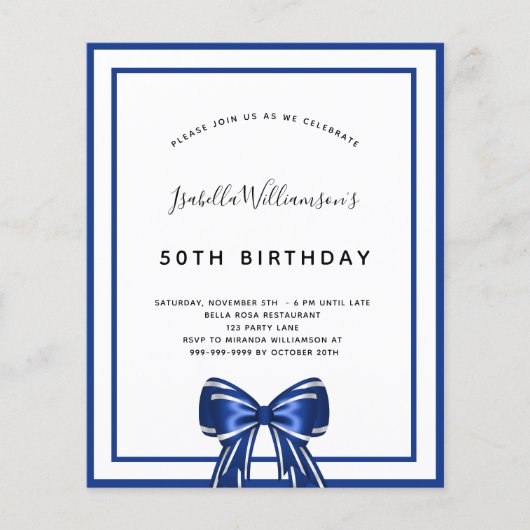 Budget birthday navy blue white bow invitation (Front)