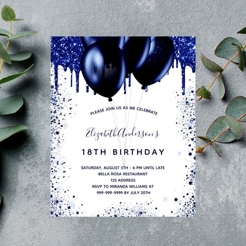 Budget birthday navy blue white invitation