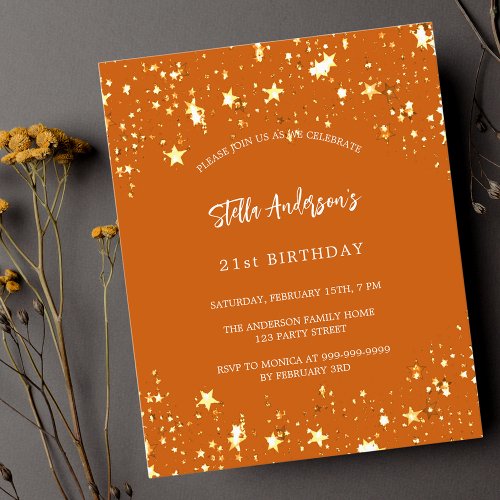 Budget birthday orange gold stars invitation flyer