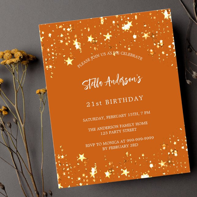 Budget birthday orange gold stars invitation flyer (Creator Uploaded)