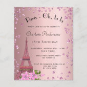 Budget birthday Paris blush pink Eiffel invitation (Front)