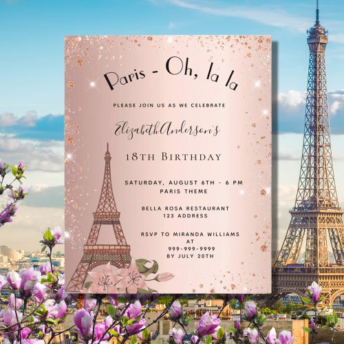 Budget birthday Paris rose gold Eiffel invitation