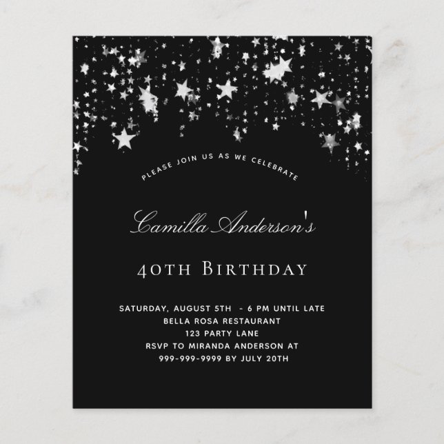 Budget birthday party black white stars (Front)