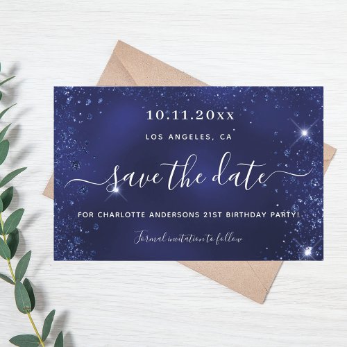 Budget birthday party blue glitter dust save date