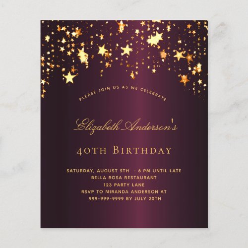 Budget birthday party burgundy gold invitation