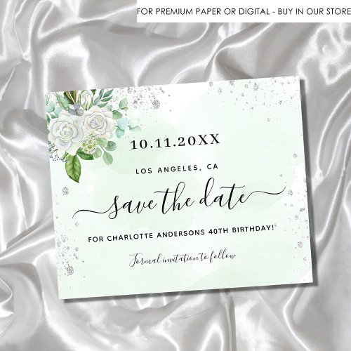 Budget birthday party floral green save the date 