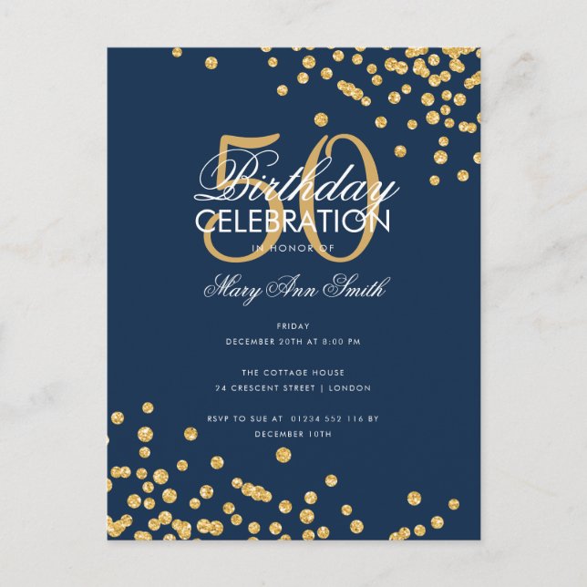 Budget Birthday Party Glitter Confetti Gold Navy Postcard (Front)