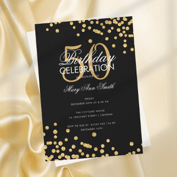 Budget Birthday Party Gold Glitter Confetti Black Invitation by Rewards4life at Zazzle