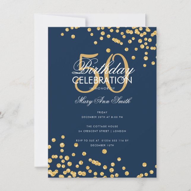Budget Birthday Party Gold Glitter Confetti Navy Invitation (Front)