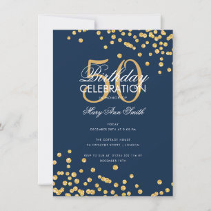 Budget Birthday Party Gold Glitter Confetti Navy Invitation