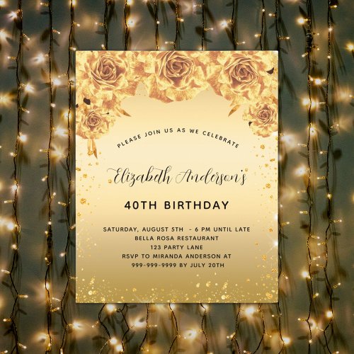 Budget birthday party gold roses floral invitation