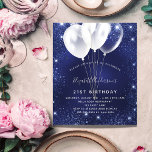 Budget birthday party navy blue balloon invitation<br><div class="desc">A modern,  stylish and glamorous invitation for a 21st (or any age) birthday party.  A navy blue background,  decorated with faux glitter sparkles and white balloons. The blue color is uneven. Personalize and add your name and party details.</div>