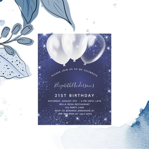 Budget birthday party navy blue balloon invitation