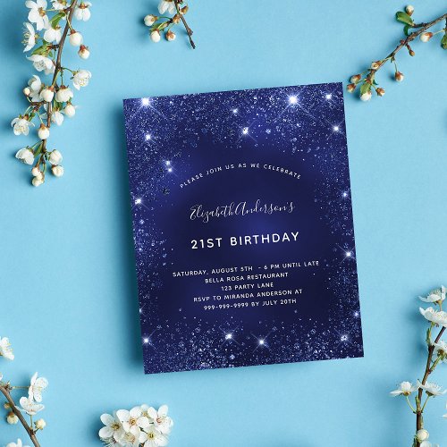 Budget birthday party navy blue glitter invitation