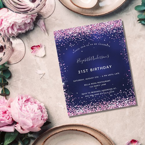 Budget birthday party navy blue pink invitation