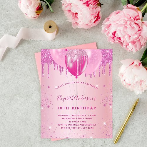 Budget birthday party pink glitter girl invitation