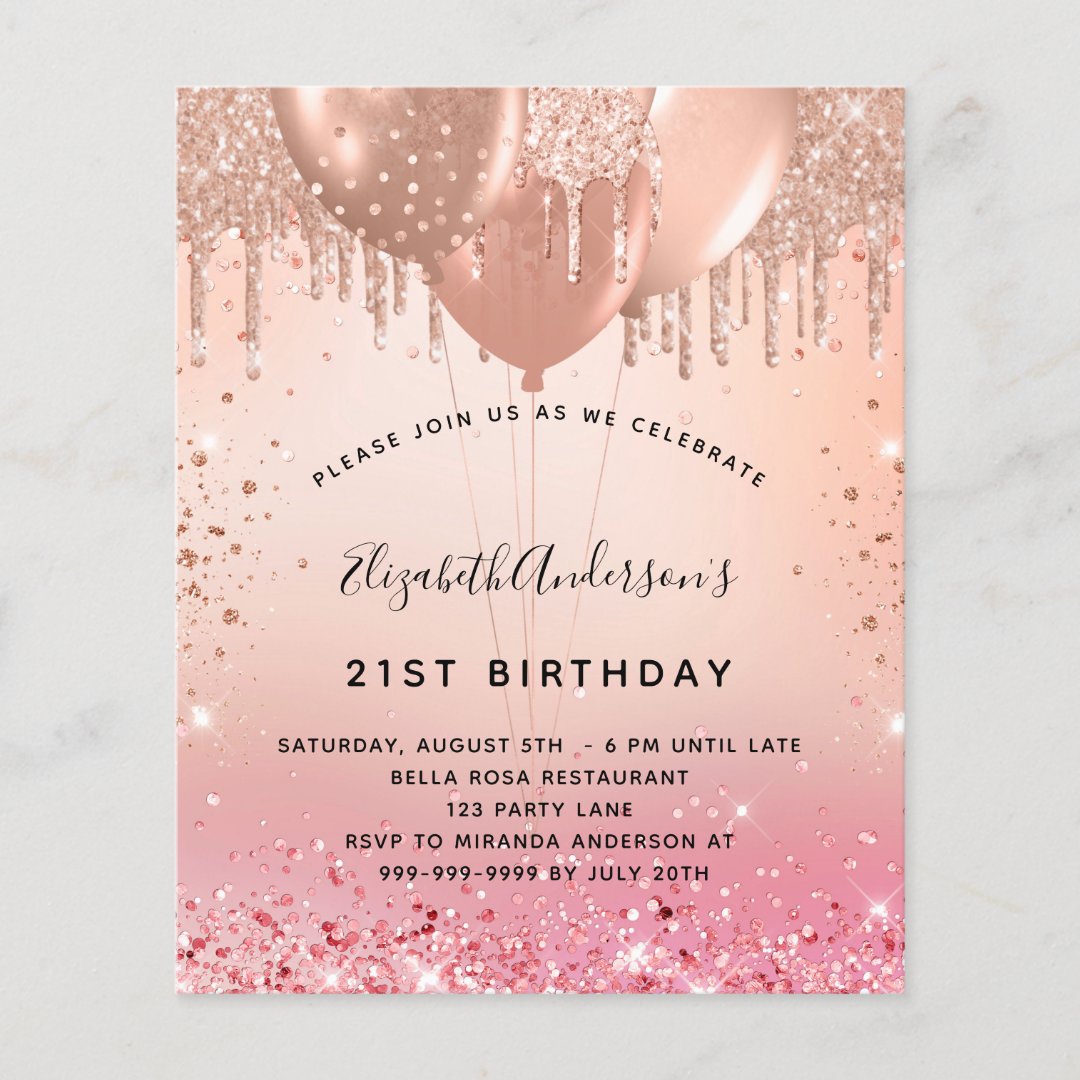 Budget birthday party pink rose gold invitation | Zazzle