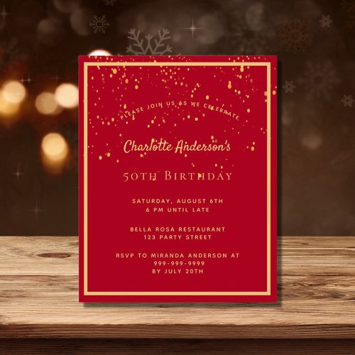 Budget birthday party red gold confetti invitation