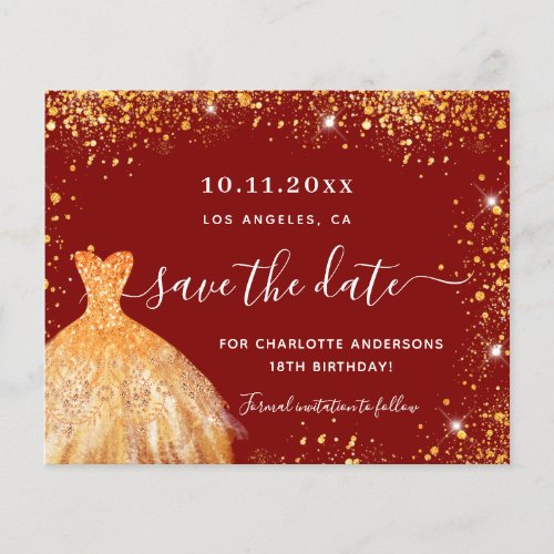 Budget birthday party red gold dress save the date