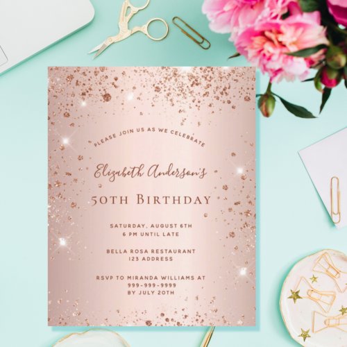 Budget birthday party rose gold glitter invitation
