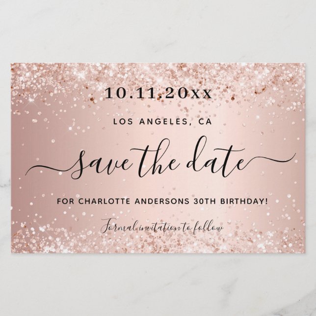 Budget birthday party rose gold save the date (Front)
