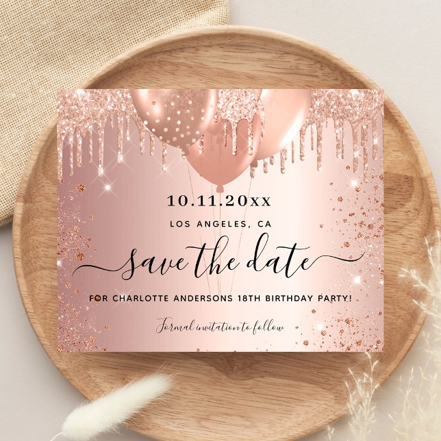 Budget birthday party rose gold save the date