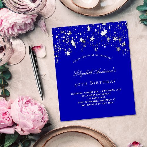 Budget birthday party royal blue stars invitation