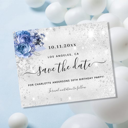 Budget birthday party silver blue save the date