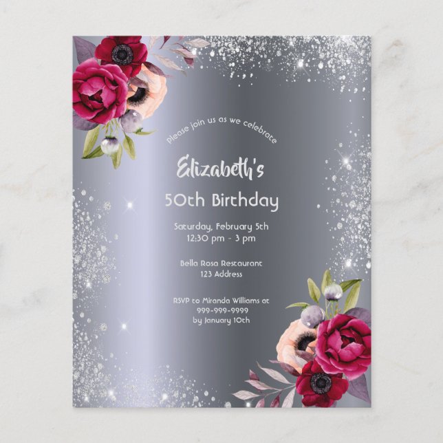 Budget birthday party silver floral invitation (Front)