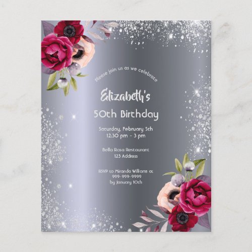 Budget birthday party silver floral invitation