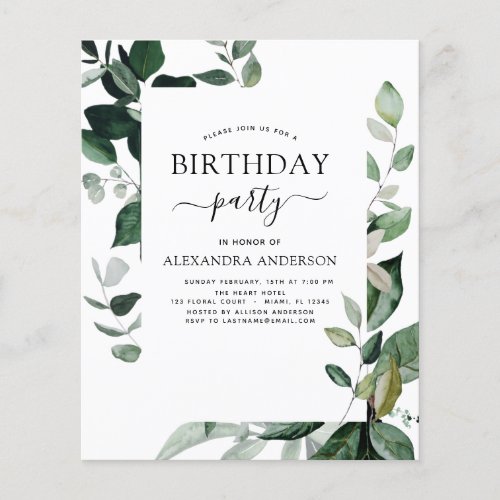 Budget Birthday Party Spring Botanical Greenery Flyer