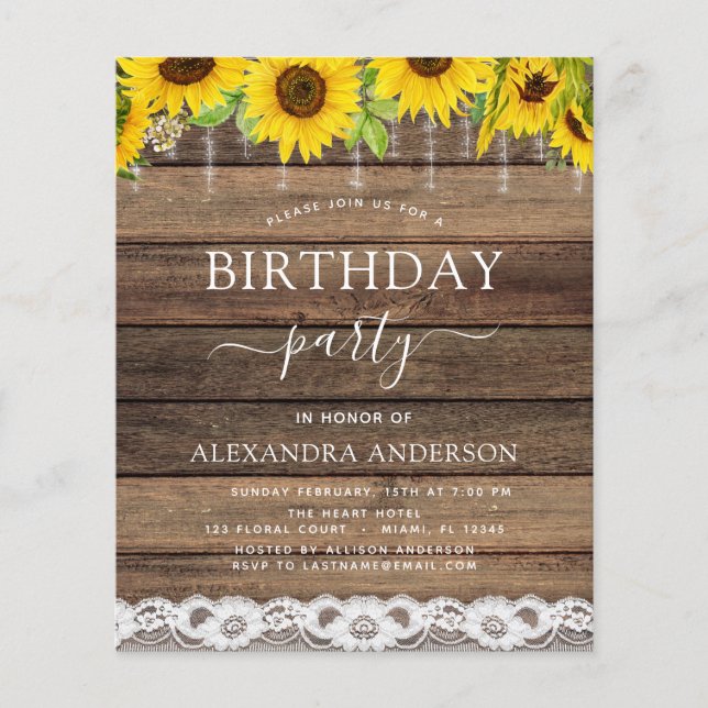 Budget Birthday Party Sunflower Rustic Invitation Flyer (Front)