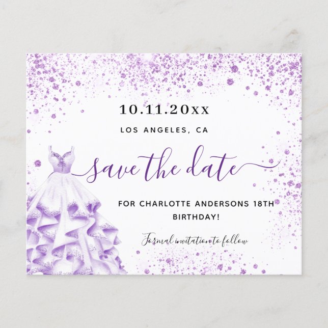Budget birthday party white violet save the date (Front)