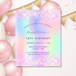 Budget birthday pink purple glitter invitation<br><div class="desc">A girly and feminine 18th (or any age) birthday party invitation. On front: A rainbow, holographic colored background in purple, pink, mint green, rose gold. Decorated with blush pink faux glitter, sparkles. Personalize and add a name and party details. The name is written with a hand lettered style script, purple...</div>