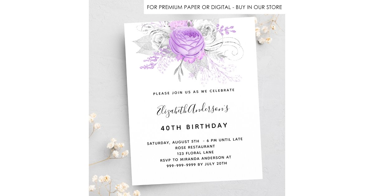 Budget Birthday purple floral silver invitation | Zazzle