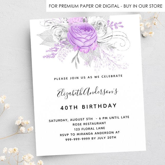 Budget Birthday purple floral silver invitation (Creator Uploaded)