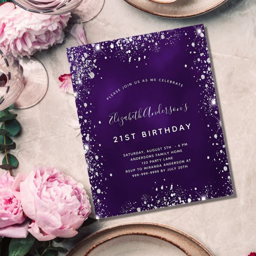 Budget birthday purple silver glitter invitation