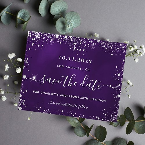 Budget birthday purple silver glitter save date