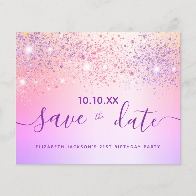 Budget birthday rainbow glitter pink save the date (Front)