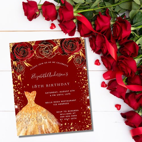 Budget birthday red gold glitter dress invitation